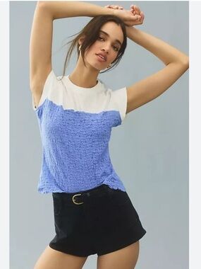 Anthropologie Maeve Blue White Smocked Cotton Muscle Short Sleeve Tee Size Large